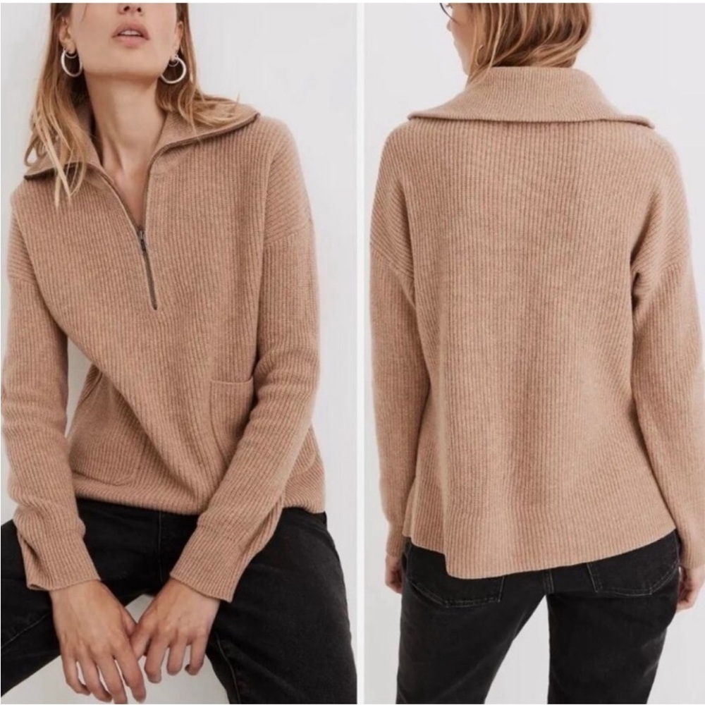 MADEWELL Glenbrook Merino Wool Blend Cozy Ribbed Knit Tan Quarter Zip Sweater